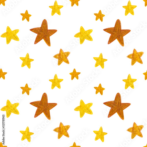 Hand drawn golden stars pattern on white background. For fabric  sketchbook  wallpaper  wrapping paper.