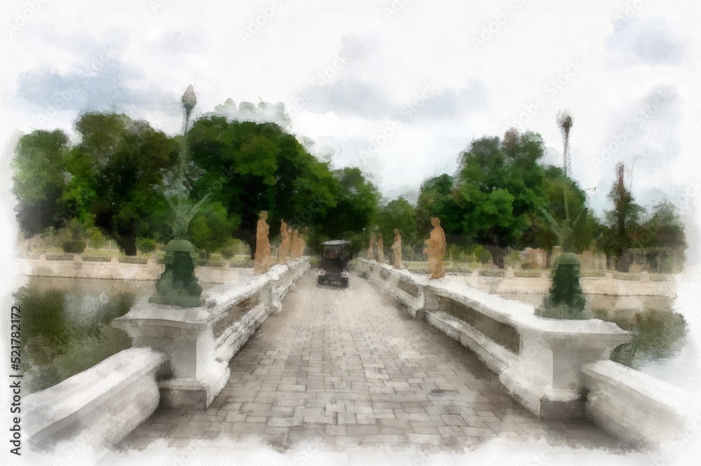landscape of ancient european architecture in the park watercolor style illustration impressionist painting. landscape of ancient european architecture in the park watercolor style illustration impressionist painting.