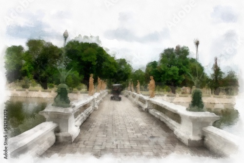 landscape of ancient european architecture in the park watercolor style illustration impressionist painting. © Kittipong