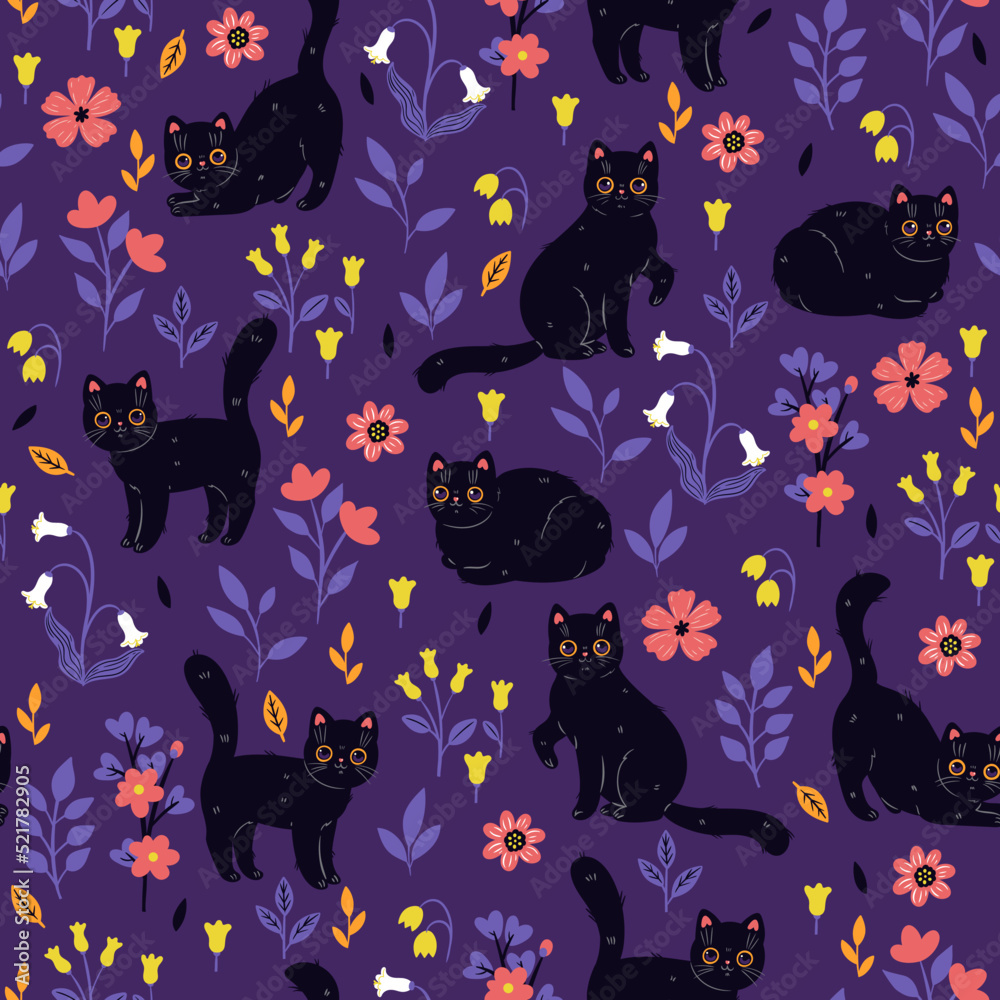 Seamless pattern with cute cats and flowers. Vector graphics.