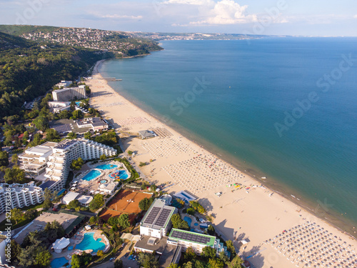 Aerial View Of People Crowd Relaxing On Beach In Albena, Bulgaria photo