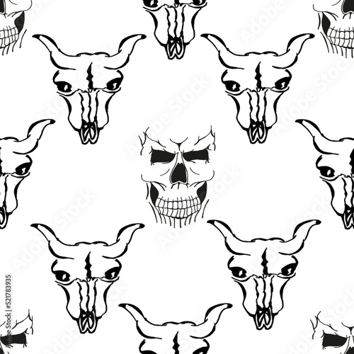 Halloween background with human and cow skull pattern drawn black color on white paper. Halloween concept. Set with scary and angry skeleton.