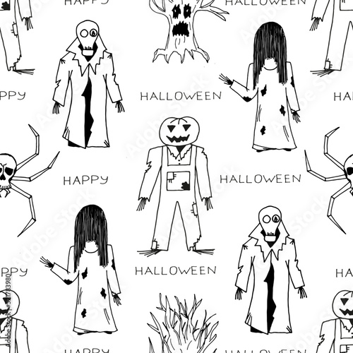 A Halloween set with a scary girl with long black hair, a black widow spider, a horror tree, a radiation man in a gas mask and a torn raincoat, a man with a pumpkin head and a jumpsuit. 
