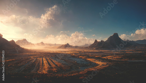 Mountain desert landscape. Mountain landscape with a road. Fantasy landscape. 3D illustration
