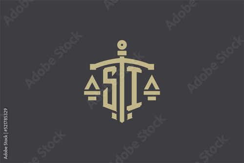 Letter SI logo for law office and attorney with creative scale and sword icon design