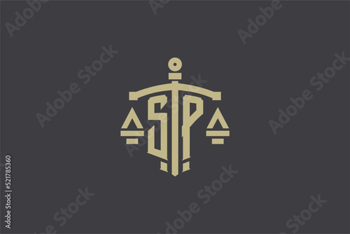 Letter SP logo for law office and attorney with creative scale and sword icon design