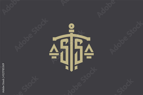 Letter SS logo for law office and attorney with creative scale and sword icon design
