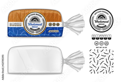 Vector bread packaging design. Transparent plastic bag packaging mockup