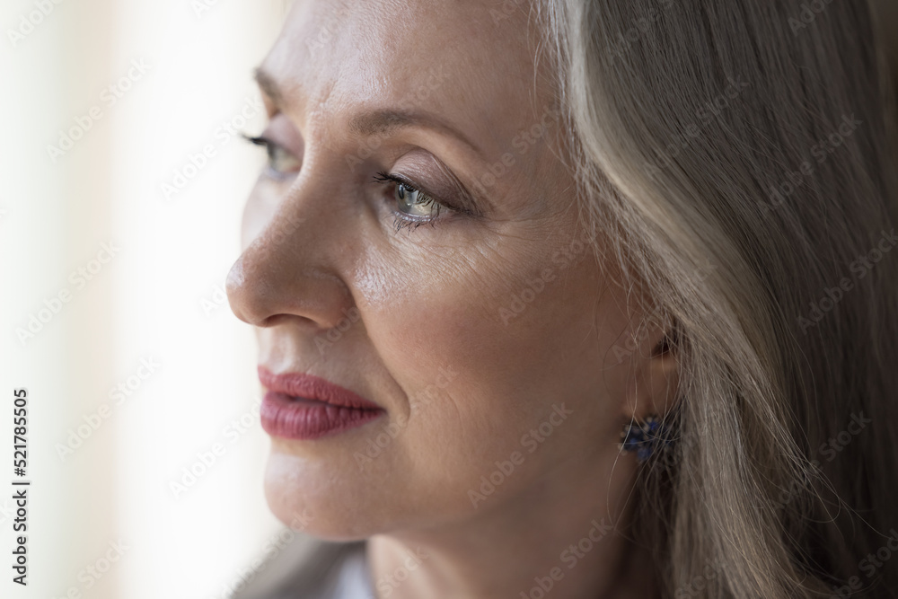 Thoughtful senior pretty grey haired woman looking away in deep thought. Pensive elder retired lady face with natural makeup, dry facial skin close up. Elderly healthcare, beauty care concept. Thoughtful senior pretty grey haired woman looking away in deep thought. Pensive elder retired lady face with natural makeup, dry facial skin close up. Elderly healthcare, beauty care concept.