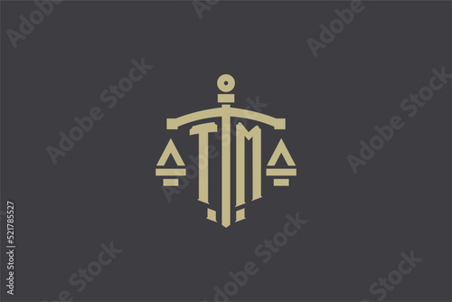 Letter TM logo for law office and attorney with creative scale and sword icon design