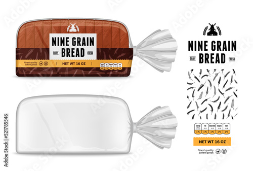 Vector bread packaging and horizontal label design. Transparent plastic bread packaging mockup