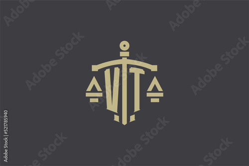 Letter VT logo for law office and attorney with creative scale and sword icon design