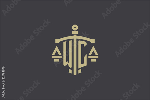 Letter WC logo for law office and attorney with creative scale and sword icon design
