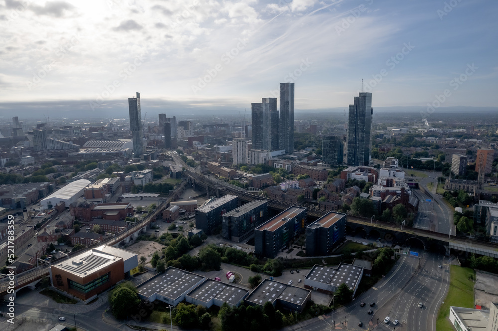Manchester City Centre Drone Aerial View Above Building Work Skyline Construction Blue Sky Summer Beetham Tower