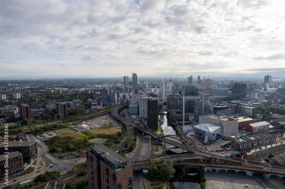 Manchester City Centre Drone Aerial View Above Building Work Skyline Construction Blue Sky Summer Beetham Tower