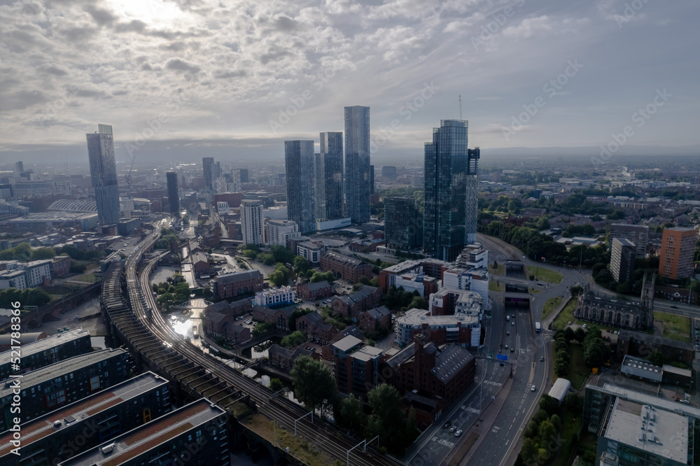 Manchester City Centre Drone Aerial View Above Building Work Skyline Construction Blue Sky Summer Beetham Tower Apartments Estate Agent