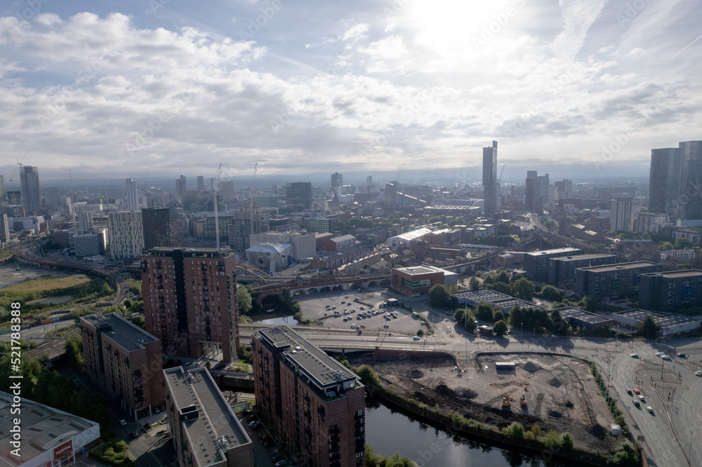 Obraz premium Manchester City Centre Drone Aerial View Above Building Work Skyline Construction Blue Sky Summer Beetham Tower Apartments Estate Agent 2022