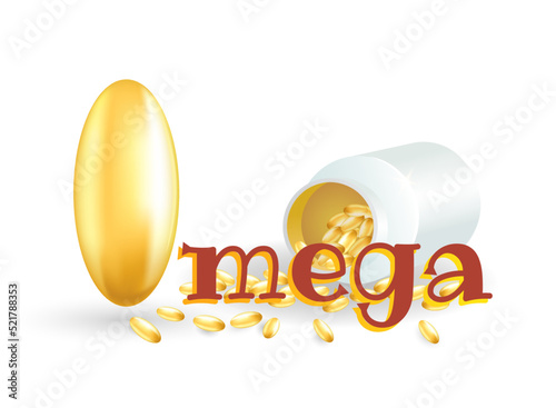 Omega 3-6-9 fatty acids. Fish oil capsules. Health care. Vitamins for prevention and treatment. Pills in pack. Isolated vector illustration.