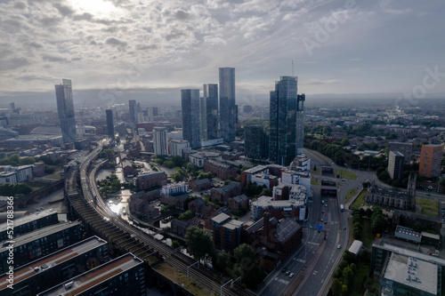 Manchester City Centre Drone Aerial View Above Building Work Skyline Construction Blue Sky Summer Beetham Tower Apartments Estate Agent © Sam Foster