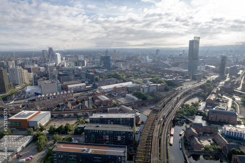 Obraz na płótnie Manchester City Centre Drone Aerial View Above Building Work Skyline Constructio