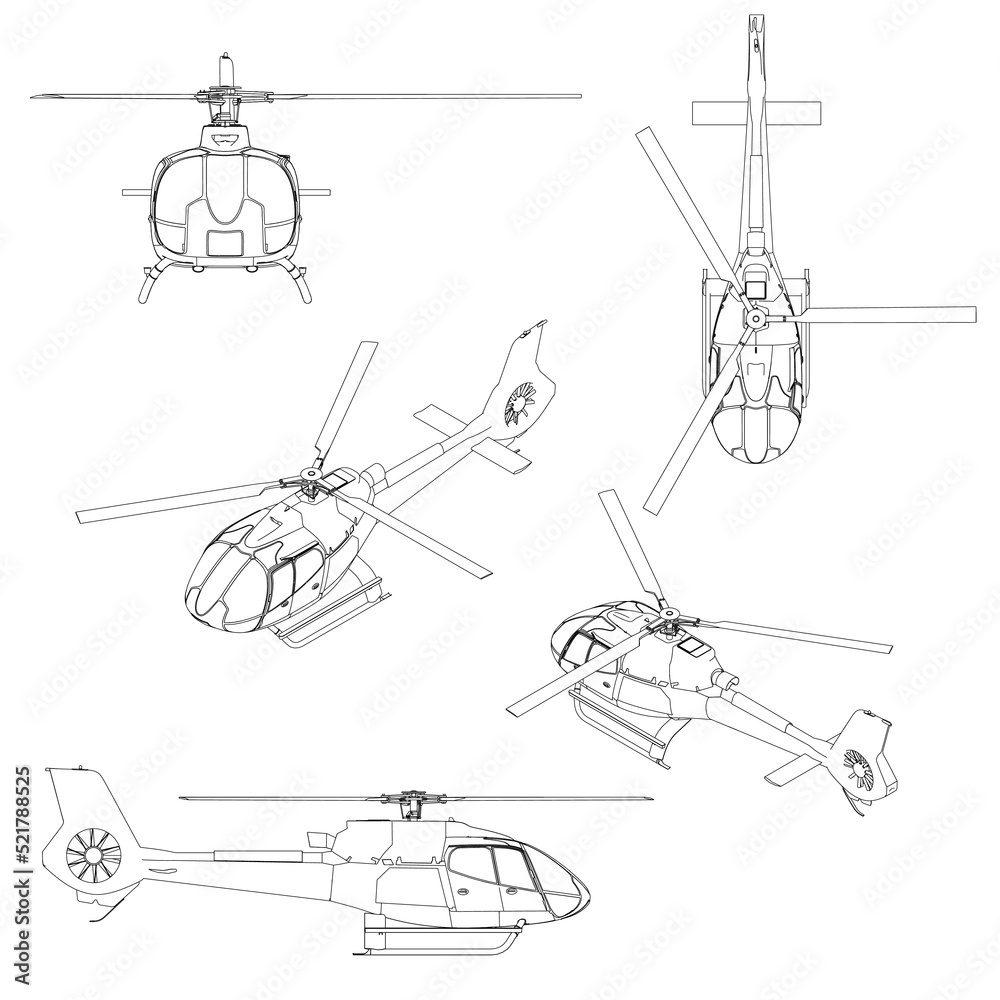 Set with contours of a detailed helicopter from black lines isolated on a white background. Isometric view, front, top, side. Vector illustration. Set with contours of a detailed helicopter from black lines isolated on a white background. Isometric view, front, top, side. Vector illustration.