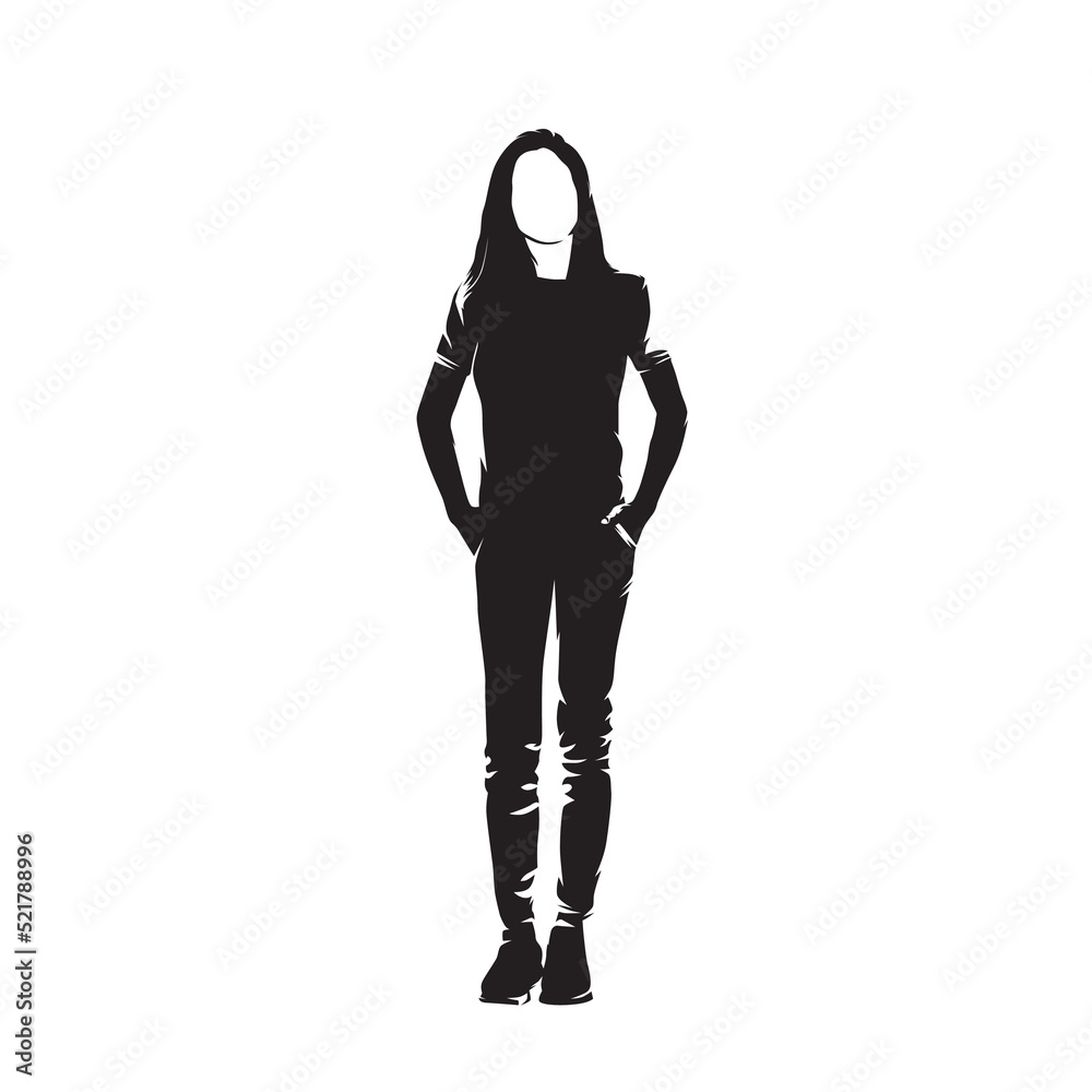 Fototapeta premium Young woman stands relaxed with her hands in her pockets. Front view. Abstract isolated vector silhouette