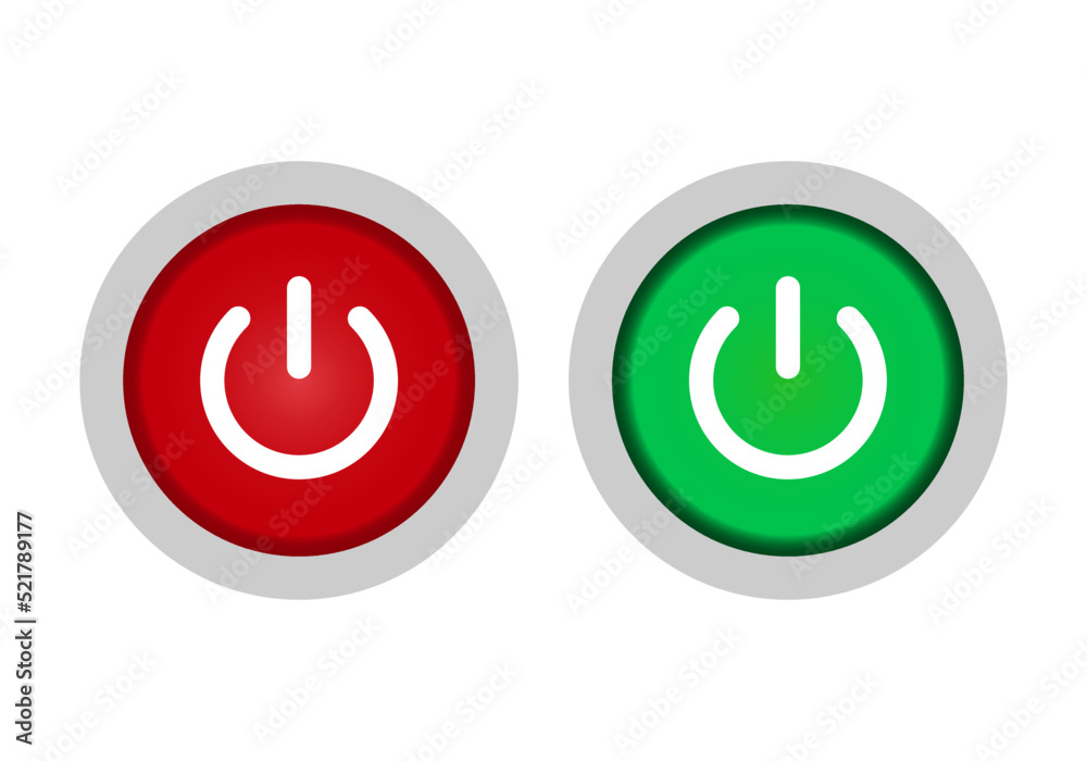 Iconos de los botones binarios de apagado y encendido en rojo, verde y gris