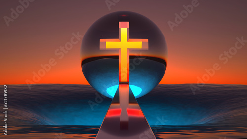 sphere with a christian cross over a hole in the sea photo