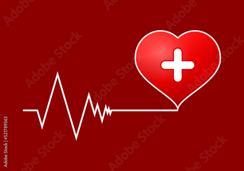 White line heartbeat cardiograph with red heart medical cross concept heart disease vector design.