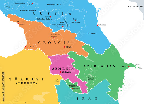 The Caucasus, Caucasia, colored political map. Region between the Black Sea and the Caspian Sea, mainly occupied by Armenia, Azerbaijan, Georgia, and parts of Southern Russia. Map with disputed areas. photo