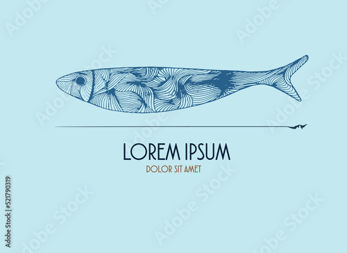 Ilustración del vector de pez, sardina. Logo para empresa, restaurante, pescadería...