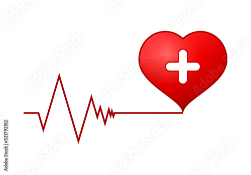 Line heartbeat cardiograph with red heart white medical cross concept heart disease vector design.