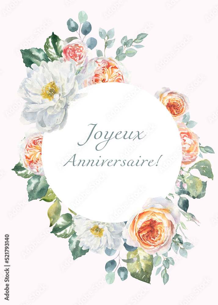 Joyeux anniversaire!, carte de voeux joyeux anniversaire sur french, fleurs, conception imprimable de pivoine, Happy Birthday in French lettering, vintage,chabby chic,  illustration watercolor flowers