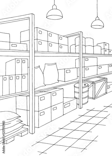 Warehouse interior storage graphic black white interior sketch illustration vector 