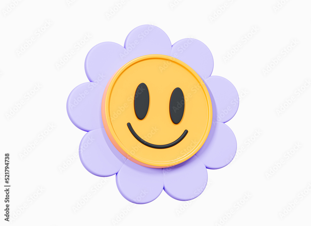 3D Daisy flower Smile face. Good vibes and positive emotion. Retro style 90s. Y2K cute smile flower sticker. Happy emoticon. Cartoon creative design icon isolated on white background. 3D Rendering 3D Daisy flower Smile face. Good vibes and positive emotion. Retro style 90s. Y2K cute smile flower sticker. Happy emoticon. Cartoon creative design icon isolated on white background. 3D Rendering