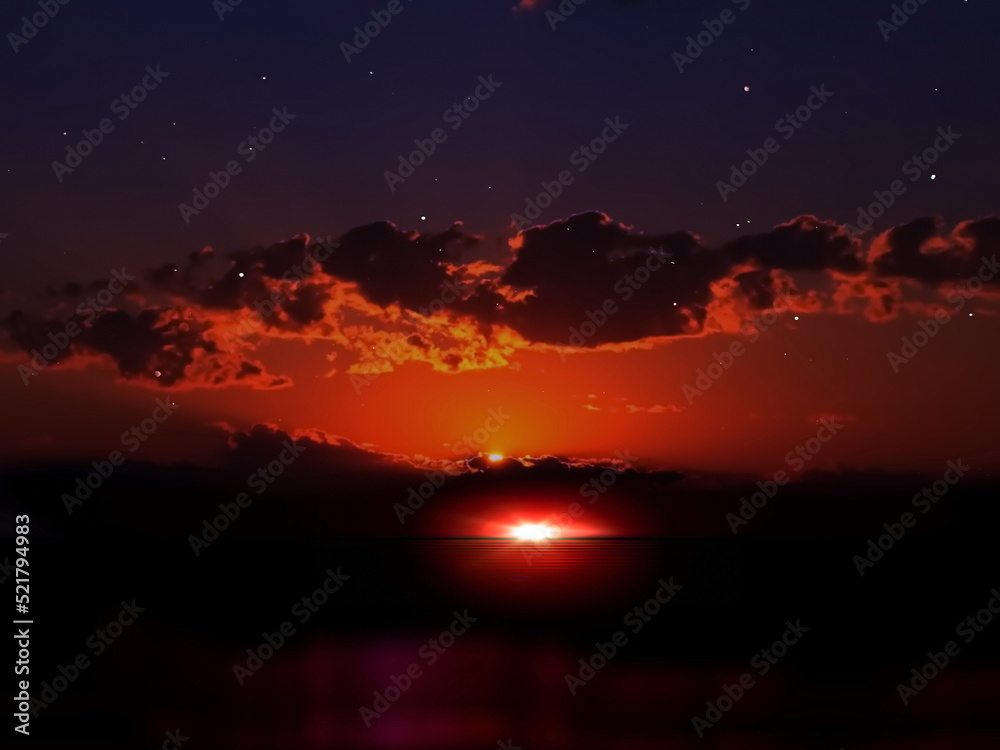 Fototapeta premium night sunset at sea dramatic cloudy sky with gold sunbeams