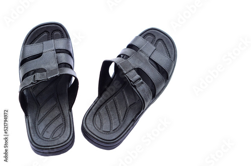 Black rubber sandals isolated on white background. Concept : Fashionable footwear for men. Light and comfortable shoes for casual costume or easy lifestyle day. 