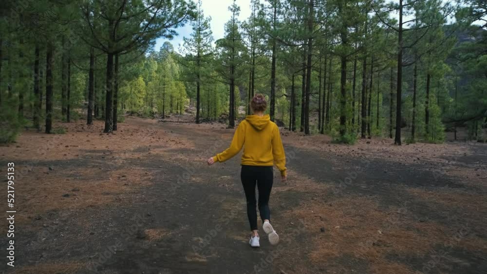 Woman traveler walks around a pine forest on top of the Chinyero volcano in the national park of the Teide volcano on the island of Tenerife . Go Everywhere Woman traveler walks around a pine forest on top of the Chinyero volcano in the national park of the Teide volcano on the island of Tenerife . Go Everywhere