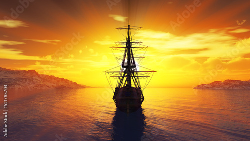 Fototapeta Naklejka Na Ścianę i Meble -  old ship sunset at sea 3d rendering
