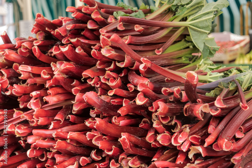 a heap of red rhubarb stacks on a market