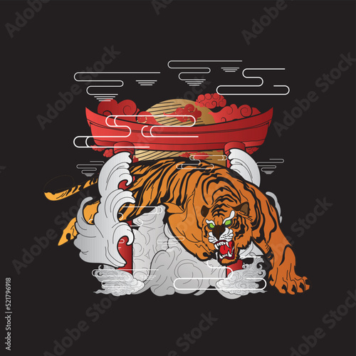 tiger illustration with japanese style background
