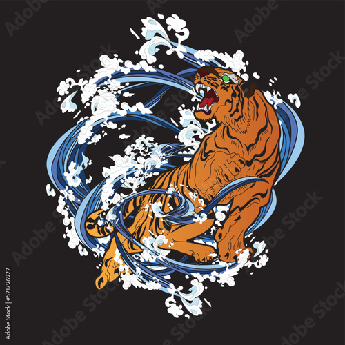 tiger illustration with japanese style background
