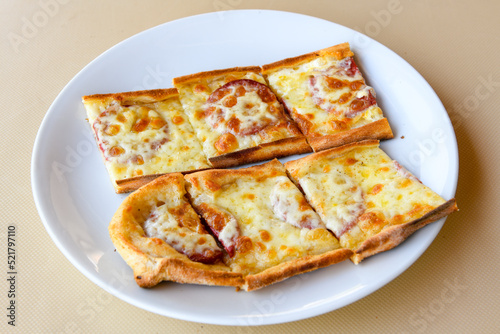 Kiymali pide. Turkish pide with minced meat. Turkish pizza mince pita Pide on white background. Etli ekmek. Kusbasi kasarli pide.