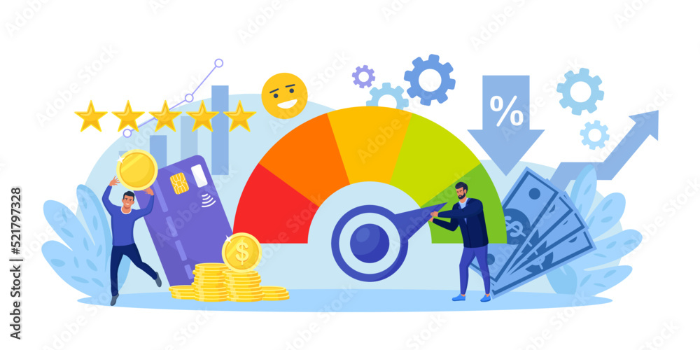 Fototapeta premium Credit score. Businessman pushing speedometer scale arrow changing credit history from poor to good. Payment history data meter. Bank analysts evaluating ability of prospective debtor to pay the debt