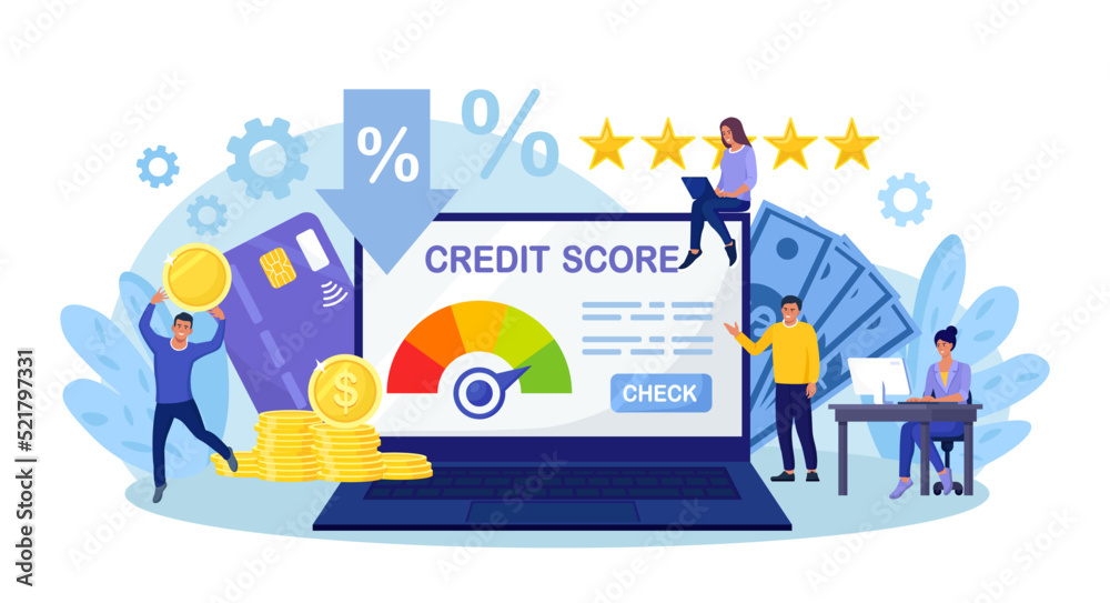 Credit score, rating. People examining client creditworthiness report with credit history . Bank analysts evaluating ability of prospective debtor to pay debt. Payment history data meter. Loan mortage