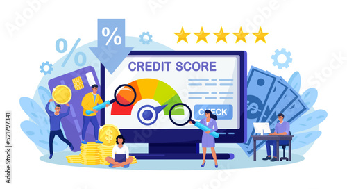Credit score, rating. People examining client creditworthiness report with credit history . Bank analysts evaluating ability of prospective debtor to pay debt. Payment history data meter. Loan mortage