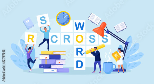 People Solve Huge Crossword Filling Empty Boxes with Letters. Tiny Characters with Pencil Solve Puzzle. Brain Training, Logic Game. Woman and Man Thinking on Riddle. Spare Time Recreation photo
