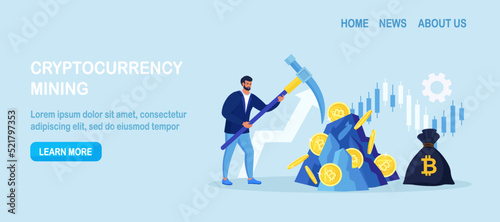 Man holding pickaxe to get crypto coins in rock, mountain. Mining crypto, Cryptocurrency mining farms. People trading and investing in cryptocurrencies. Digital web money. Blockchain. Vector design