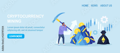 Man with pickaxe extracting crypto coin out of rock. Mining crypto, Cryptocurrency mining farms. People trading, investing in cryptocurrencies. Digital currency farming. Blockchain