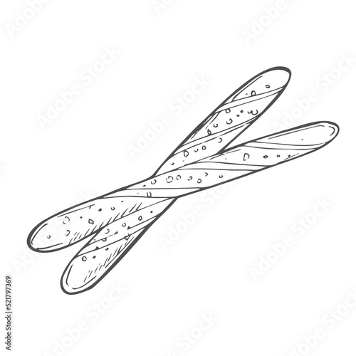 Italian bread grissini. Vector outline illustration in doodle style for cafe and bakery menu or logo, label and bread packaging. Crispy sticks covered with sesam seeds and salt. © Saramix